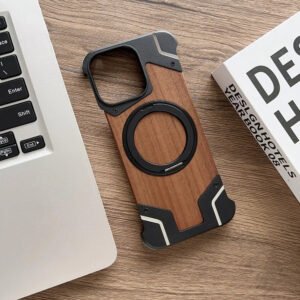 Luxury Premium Walnut Wood Metal Borderless Armor Case 360° Rotating Magnetic Bracket Shockproof Cover For iPhone Series