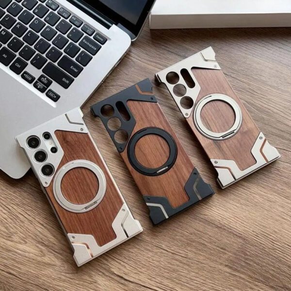 Luxury Premium Walnut Wood Metal Borderless Armor Case 360° Rotating Magnetic Bracket Shockproof Cover For Samsung S Series - Image 12