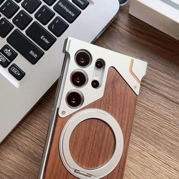 Luxury Premium Walnut Wood Metal Borderless Armor Case 360° Rotating Magnetic Bracket Shockproof Cover For Samsung S Series - Image 14