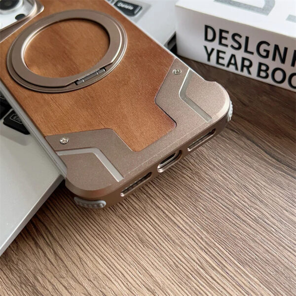 Luxury Premium Walnut Wood Metal Borderless Armor Case 360° Rotating Magnetic Bracket Shockproof Cover For iPhone Series - Image 3