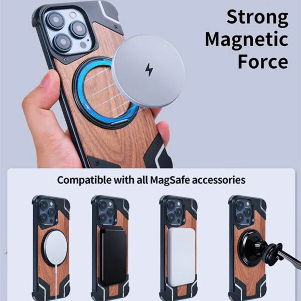Luxury Premium Walnut Wood Metal Borderless Armor Case 360° Rotating Magnetic Bracket Shockproof Cover For iPhone Series - Image 10