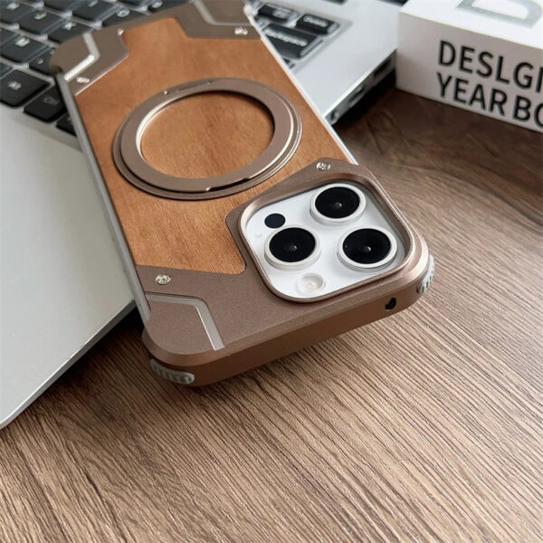 Luxury Premium Walnut Wood Metal Borderless Armor Case 360° Rotating Magnetic Bracket Shockproof Cover For iPhone Series - Image 4