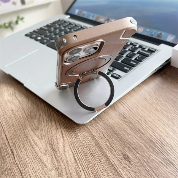 Luxury Premium Walnut Wood Metal Borderless Armor Case 360° Rotating Magnetic Bracket Shockproof Cover For iPhone Series - Image 5