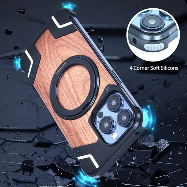 Luxury Premium Walnut Wood Metal Borderless Armor Case 360° Rotating Magnetic Bracket Shockproof Cover For iPhone Series - Image 12