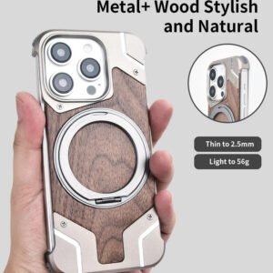 Luxury Premium Walnut Wood Metal Borderless Armor Case 360° Rotating Magnetic Bracket Shockproof Cover For iPhone Series