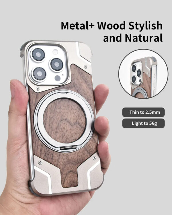 Luxury Premium Walnut Wood Metal Borderless Armor Case 360° Rotating Magnetic Bracket Shockproof Cover For iPhone Series - Image 15