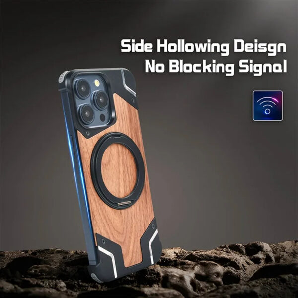 Luxury Premium Walnut Wood Metal Borderless Armor Case 360° Rotating Magnetic Bracket Shockproof Cover For iPhone Series - Image 13