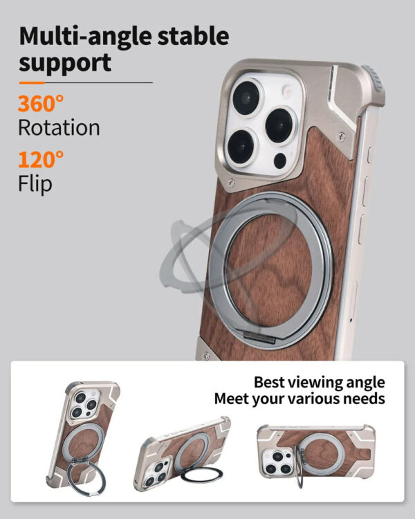 Luxury Premium Walnut Wood Metal Borderless Armor Case 360° Rotating Magnetic Bracket Shockproof Cover For iPhone Series - Image 16