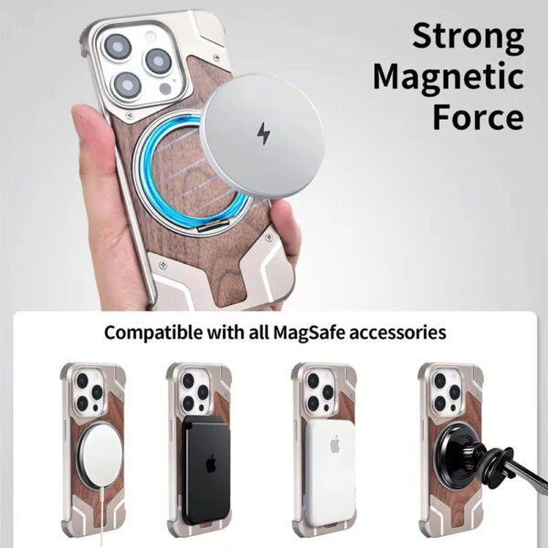 Luxury Premium Walnut Wood Metal Borderless Armor Case 360° Rotating Magnetic Bracket Shockproof Cover For iPhone Series - Image 27