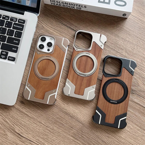 Luxury Premium Walnut Wood Metal Borderless Armor Case 360° Rotating Magnetic Bracket Shockproof Cover For iPhone Series - Image 7