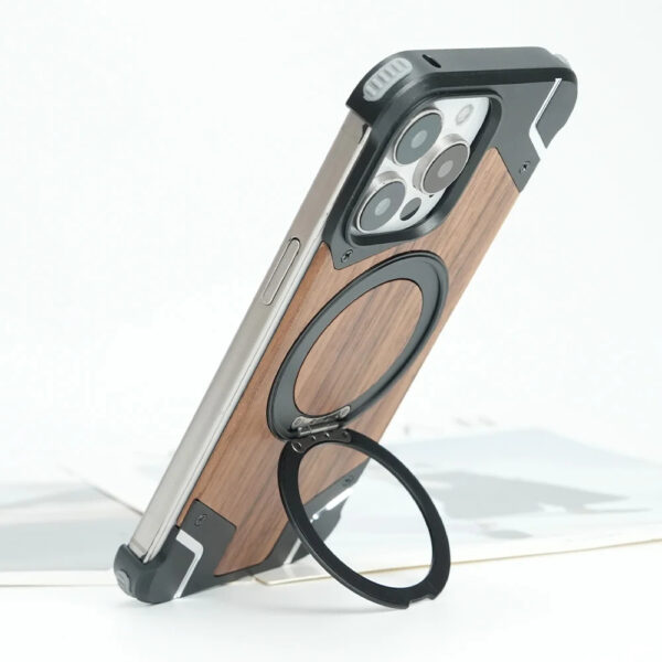 Luxury Premium Walnut Wood Metal Borderless Armor Case 360° Rotating Magnetic Bracket Shockproof Cover For iPhone Series - Image 8
