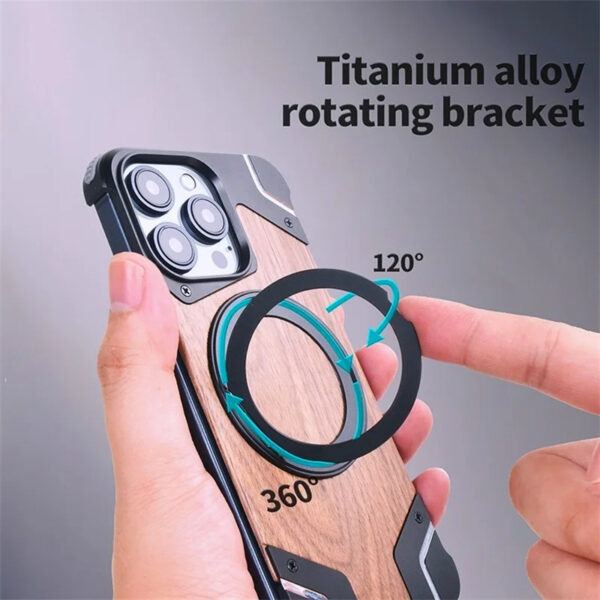 Luxury Premium Walnut Wood Metal Borderless Armor Case 360° Rotating Magnetic Bracket Shockproof Cover For iPhone Series - Image 14