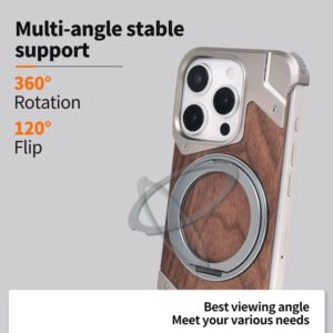 Luxury Premium Walnut Wood Metal Borderless Armor Case 360° Rotating Magnetic Bracket Shockproof Cover For iPhone Series