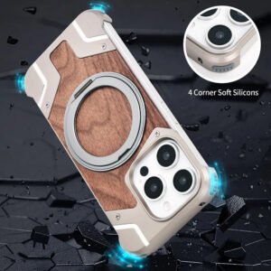 Luxury Premium Walnut Wood Metal Borderless Armor Case 360° Rotating Magnetic Bracket Shockproof Cover For iPhone Series