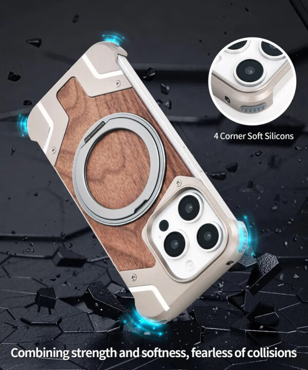 Luxury Premium Walnut Wood Metal Borderless Armor Case 360° Rotating Magnetic Bracket Shockproof Cover For iPhone Series - Image 19