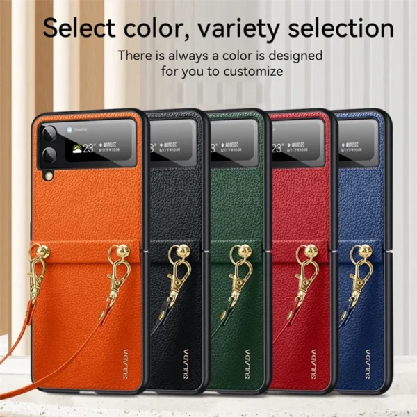 Luxury Premium SULADA Litchi Texture Leather + TPU Phone Case with Strap Case Cover For Z Flip 3/Z Flip 4