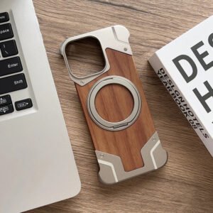 Luxury Premium Walnut Wood Metal Borderless Armor Case 360° Rotating Magnetic Bracket Shockproof Cover For iPhone Series