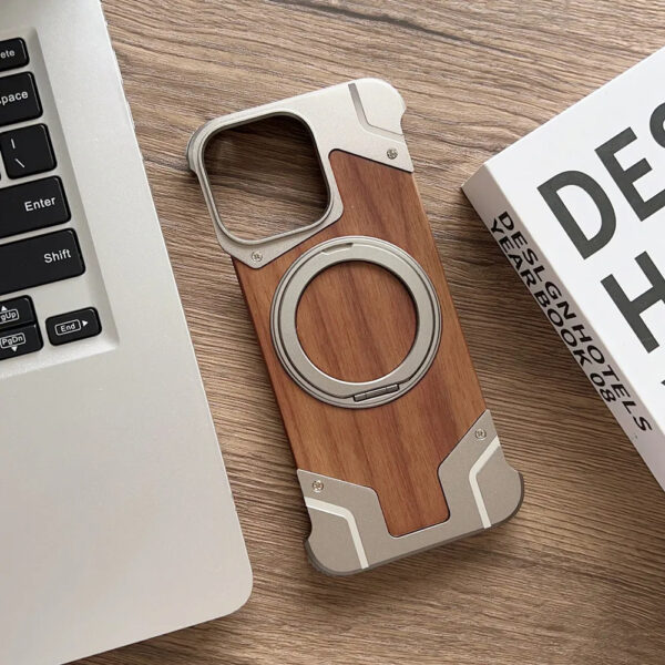 Luxury Premium Walnut Wood Metal Borderless Armor Case 360° Rotating Magnetic Bracket Shockproof Cover For iPhone Series - Image 20