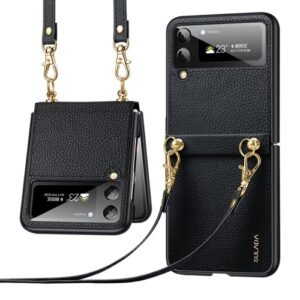 Luxury Premium SULADA Litchi Texture Leather + TPU Phone Case with Strap Case Cover For Z Flip 3/Z Flip 4