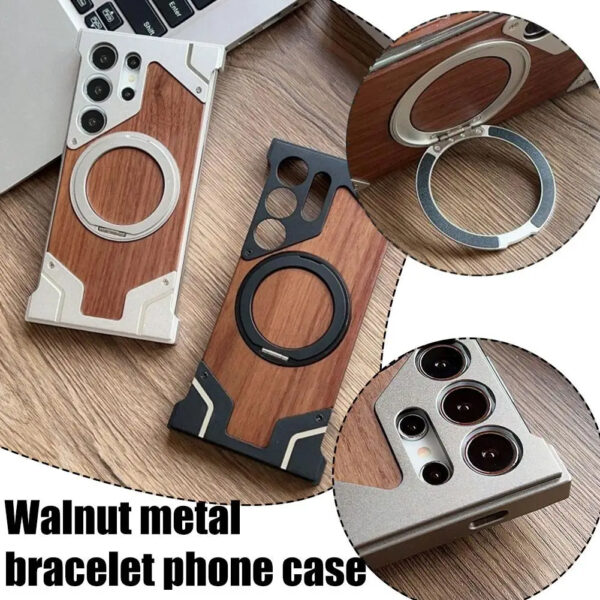 Luxury Premium Walnut Wood Metal Borderless Armor Case 360° Rotating Magnetic Bracket Shockproof Cover For Samsung S Series