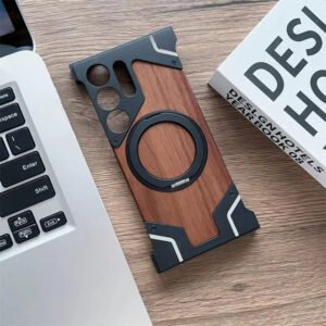 Luxury Premium Walnut Wood Metal Borderless Armor Case 360° Rotating Magnetic Bracket Shockproof Cover For Samsung S Series