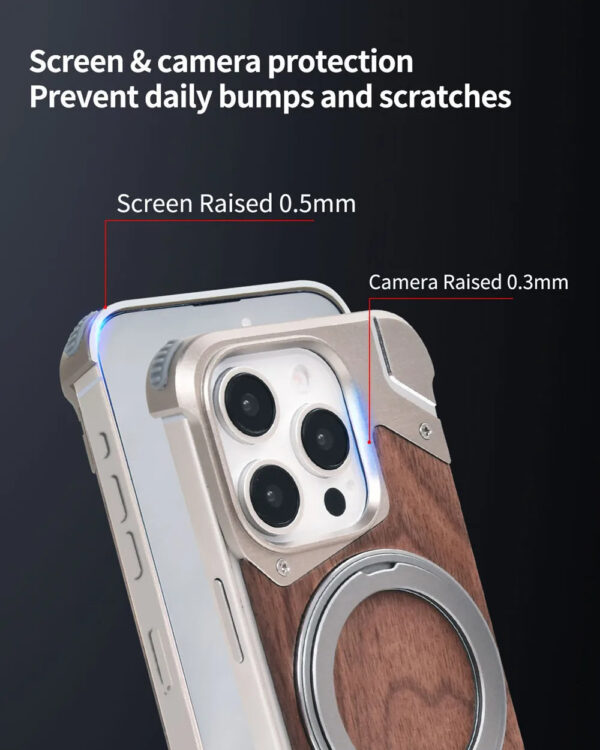 Luxury Premium Walnut Wood Metal Borderless Armor Case 360° Rotating Magnetic Bracket Shockproof Cover For iPhone Series - Image 24