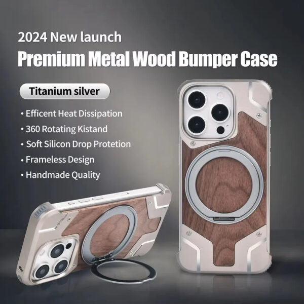 Luxury Premium Walnut Wood Metal Borderless Armor Case 360° Rotating Magnetic Bracket Shockproof Cover For iPhone Series - Image 29