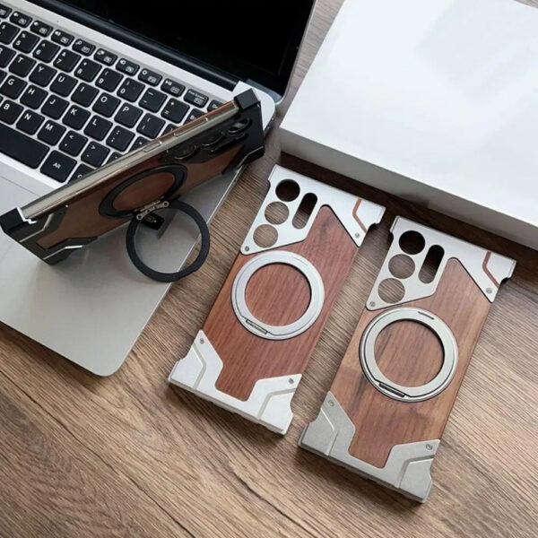Luxury Premium Walnut Wood Metal Borderless Armor Case 360° Rotating Magnetic Bracket Shockproof Cover For Samsung S Series - Image 43