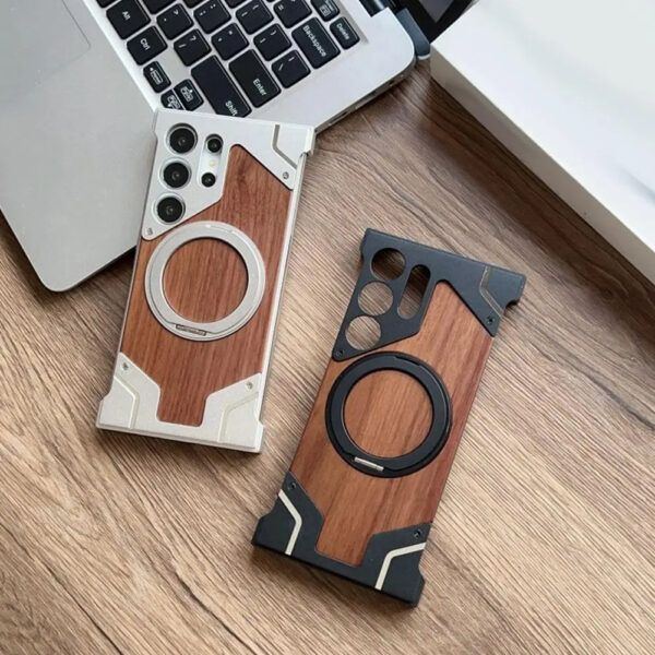 Luxury Premium Walnut Wood Metal Borderless Armor Case 360° Rotating Magnetic Bracket Shockproof Cover For Samsung S Series - Image 44