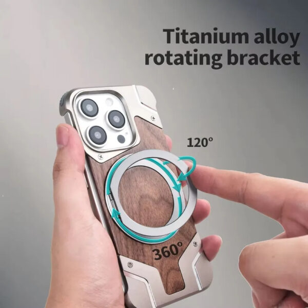 Luxury Premium Walnut Wood Metal Borderless Armor Case 360° Rotating Magnetic Bracket Shockproof Cover For iPhone Series - Image 30