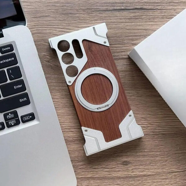 Luxury Premium Walnut Wood Metal Borderless Armor Case 360° Rotating Magnetic Bracket Shockproof Cover For Samsung S Series - Image 45