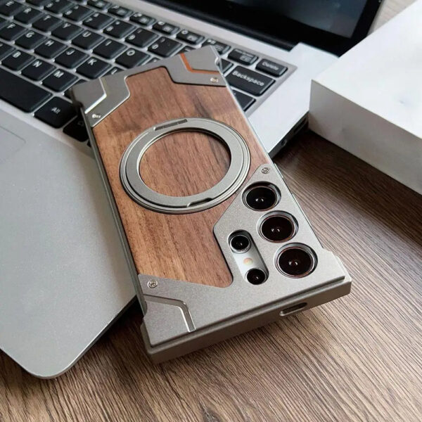Luxury Premium Walnut Wood Metal Borderless Armor Case 360° Rotating Magnetic Bracket Shockproof Cover For Samsung S Series - Image 47