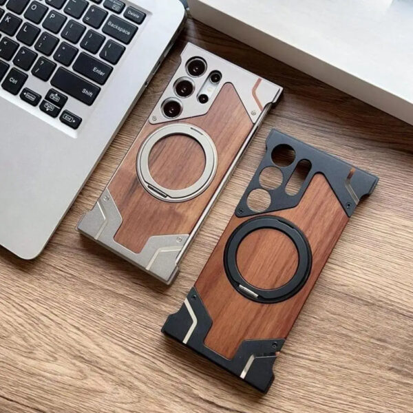 Luxury Premium Walnut Wood Metal Borderless Armor Case 360° Rotating Magnetic Bracket Shockproof Cover For Samsung S Series - Image 50