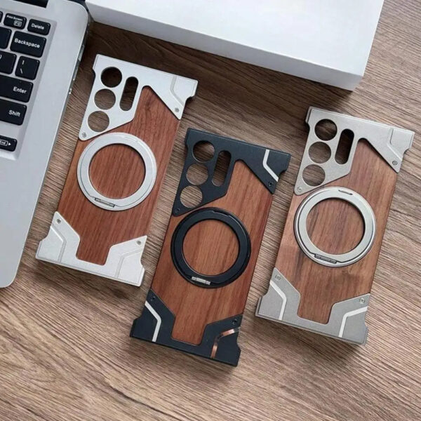 Luxury Premium Walnut Wood Metal Borderless Armor Case 360° Rotating Magnetic Bracket Shockproof Cover For Samsung S Series - Image 51