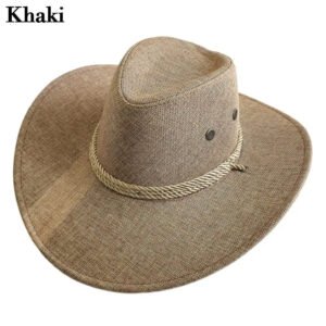 2025 New Linen Unisex Summer Sun Solid Cool Wide Brim Western Cowboy Hat - Khaki