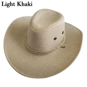 2025 New Linen Unisex Summer Sun Solid Cool Wide Brim Western Cowboy Hat - Light Khaki