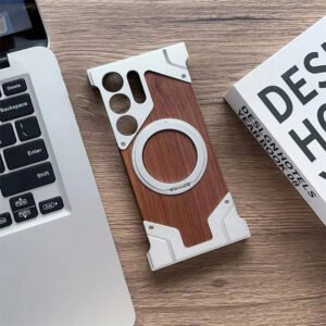 Luxury Premium Walnut Wood Metal Borderless Armor Case 360° Rotating Magnetic Bracket Shockproof Cover For Samsung S Series