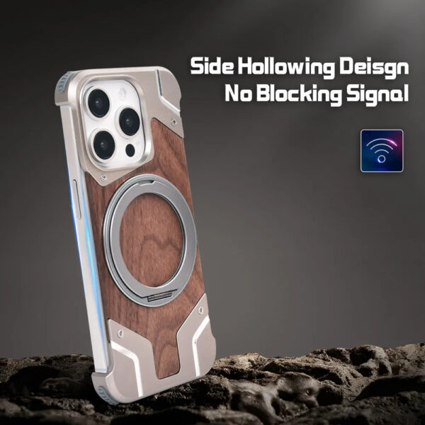 Luxury Premium Walnut Wood Metal Borderless Armor Case 360° Rotating Magnetic Bracket Shockproof Cover For iPhone Series - Image 26