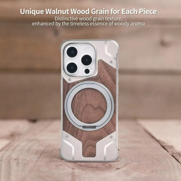 Luxury Premium Walnut Wood Metal Borderless Armor Case 360° Rotating Magnetic Bracket Shockproof Cover For iPhone Series - Image 31