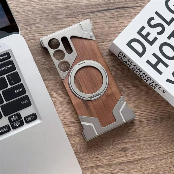Luxury Premium Walnut Wood Metal Borderless Armor Case 360° Rotating Magnetic Bracket Shockproof Cover For Samsung S Series - Image 11