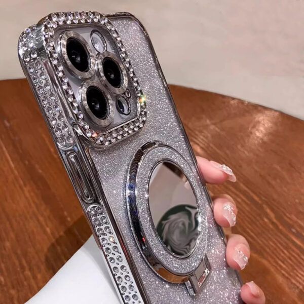 Luxury Premium Plating Flash Mirror Holder Stand Diamond Frame Case Cover For iPhone Series - Image 27