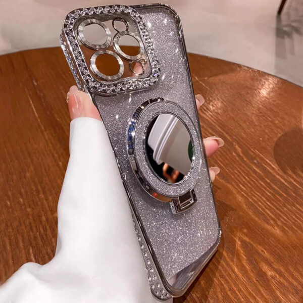 Luxury Premium Plating Flash Mirror Holder Stand Diamond Frame Case Cover For iPhone Series - Image 29