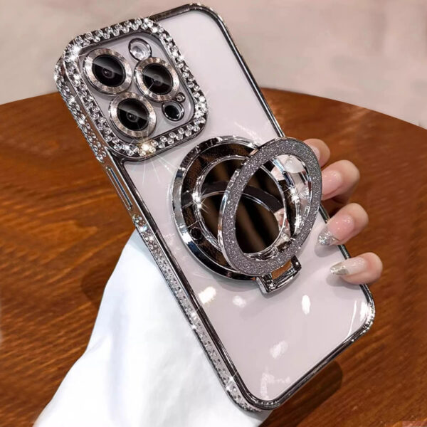 Luxury Premium Plating Flash Mirror Holder Stand Diamond Frame Case Cover For iPhone Series - Image 31