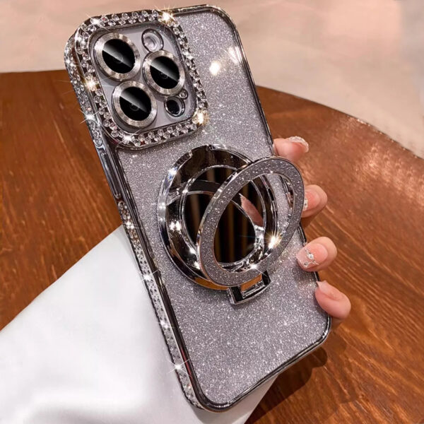 Luxury Premium Plating Flash Mirror Holder Stand Diamond Frame Case Cover For iPhone Series - Image 34