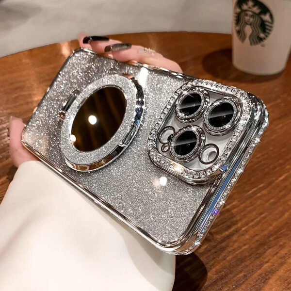 Luxury Premium Plating Flash Mirror Holder Stand Diamond Frame Case Cover For iPhone Series - Image 2
