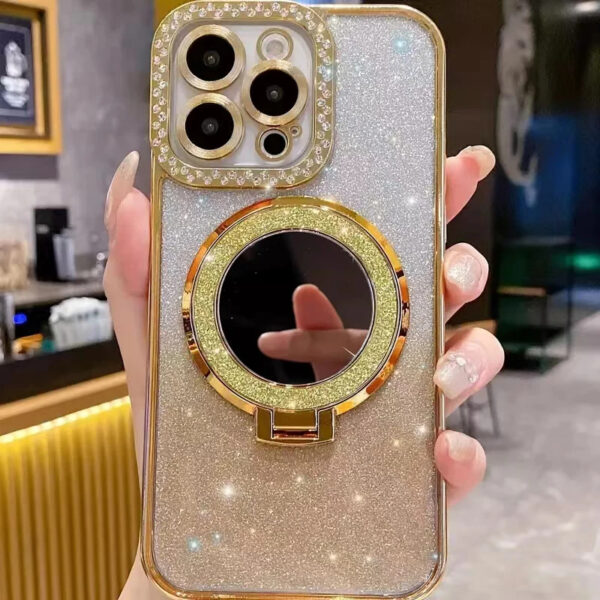 Luxury Premium Plating Flash Mirror Holder Stand Diamond Frame Case Cover For iPhone Series - Image 25