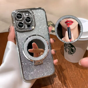 Luxury Premium Plating Flash Mirror Holder Stand Diamond Frame Case Cover For iPhone Series