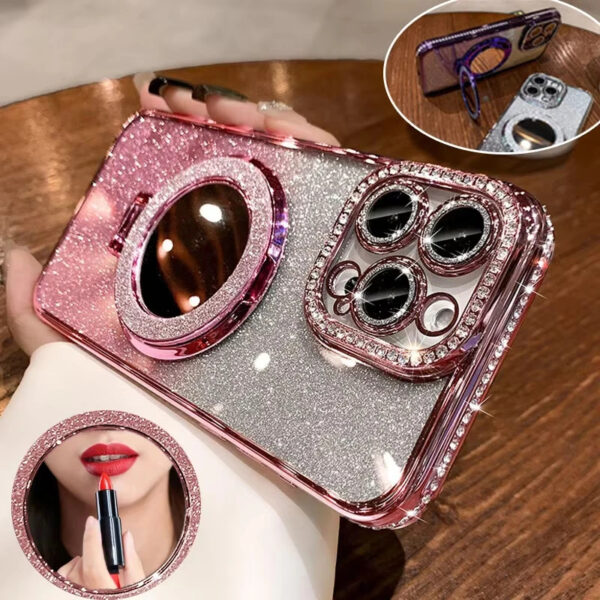Luxury Premium Plating Flash Mirror Holder Stand Diamond Frame Case Cover For iPhone Series - Image 13