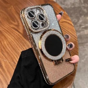 Luxury Premium Plating Flash Mirror Holder Stand Diamond Frame Case Cover For iPhone Series