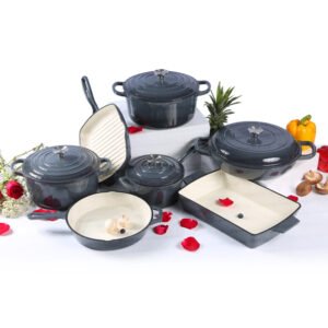 Luxury Premium Modern Design Enamel Cast Iron Cookware High Quality Metal Pans Casserole Set - Grey